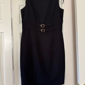 Calvin Klein Collection Black Sleeveless Midi Sheath with Double Buckle Waist